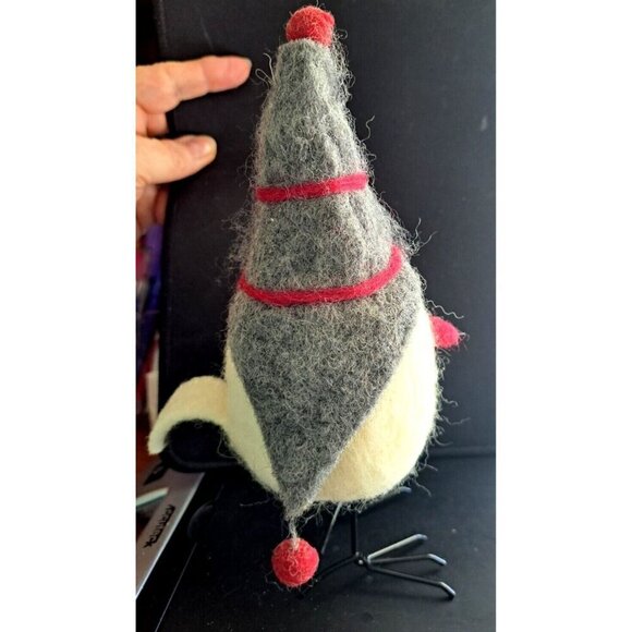 Felted Cream Colored Bird in Gray and Red Stripe Gnome Hat Black Wire Legs - Picture 5 of 7